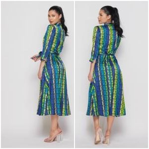 Women MIDI Shirt Collar Button Down Casual Bohemian Dress Tie Belted